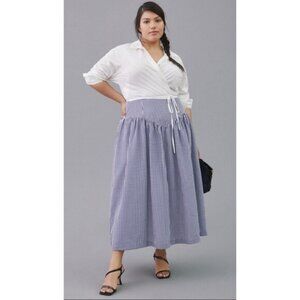 Anthropologie Hutch Skirt Midi Women High Waisted Blue Gingham Preppy Sz XL New